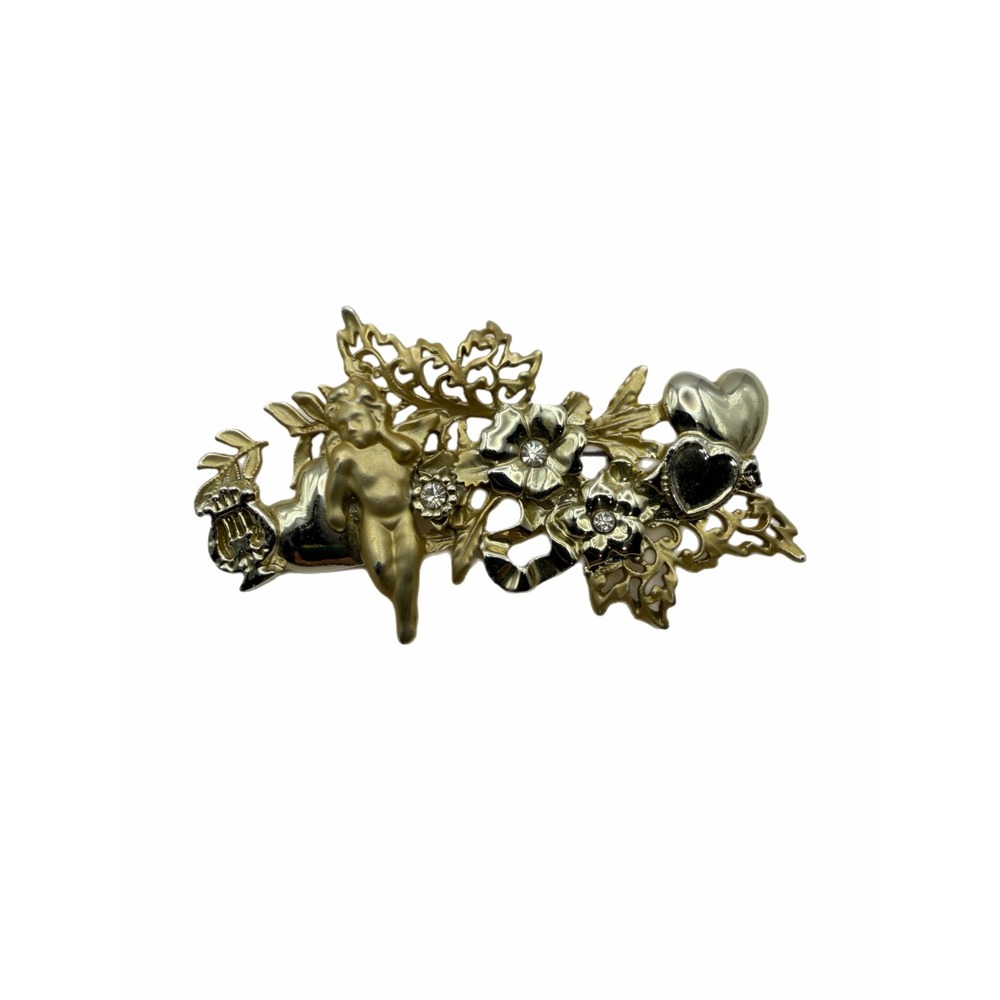 Vintage Gold Tone Cherub Heart Flower Brooch Rhinestone Cupid Angel Pin